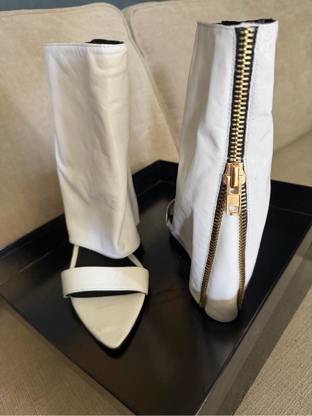 LFL by Lust for Life White Leather Open-Toe Ankle Booties with Gold Back Zipper